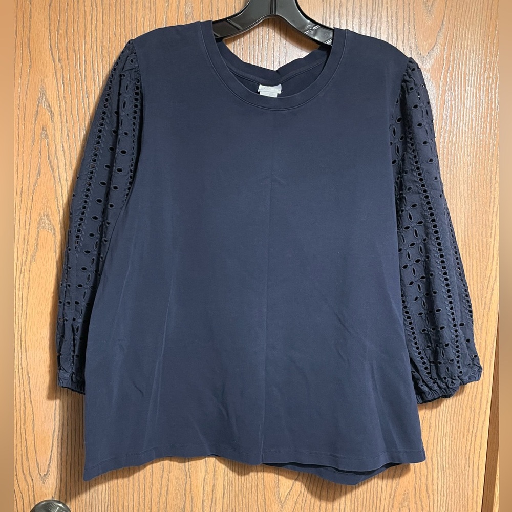 Chico's Navy Blouse with Eyelet Sleeves